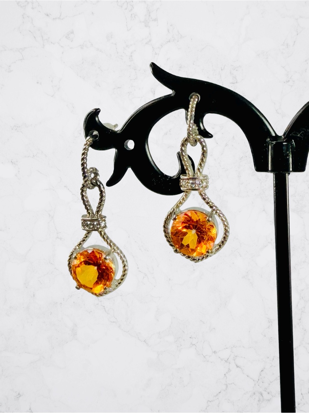 Sterling Silver Round Orange Topaz Dangle Earrings Rhinestone Twist Rope Stud